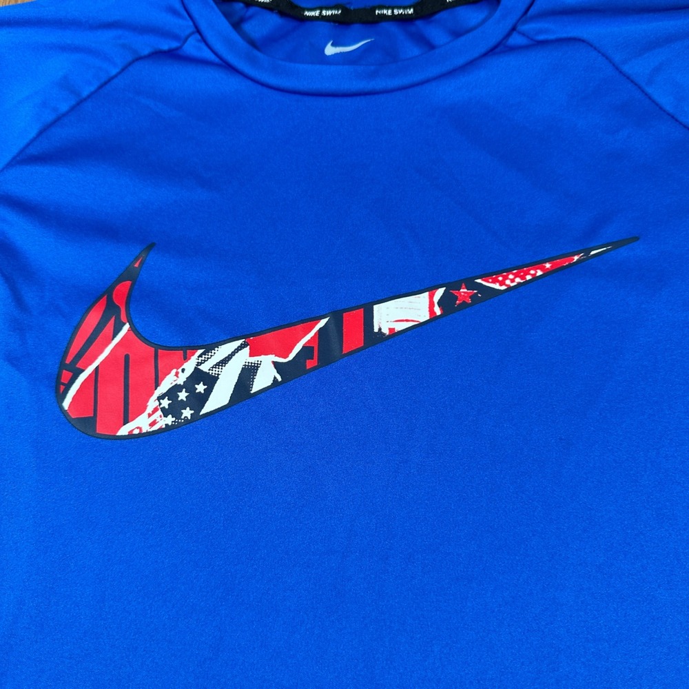 Nike Swim Rash Guard Men XL Blue Americana Swoosh Dri-FIT Short Sleeve - Picture 3 of 11